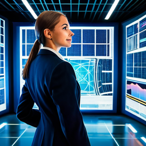 A focused female digital real estate investor in a modest, professional business suit, standing within a vibrant, futuristic metaverse city. She observes holographic projections of valuable land plots, surrounded by glowing digital architectural marvels, bustling virtual event arenas, and prominent brand headquarters, indicating high digital foot traffic. Data streams representing economic activity and NFT transactions are subtly visible as shimmering overlays. Professional photography, high detail, sharp focus, vibrant colors, clear distinctions between digital assets, fully clothed, appropriate attire, safe for work, perfect anatomy, correct proportions, natural pose, well-formed hands, proper finger count, natural body proportions, family-friendly, appropriate content.